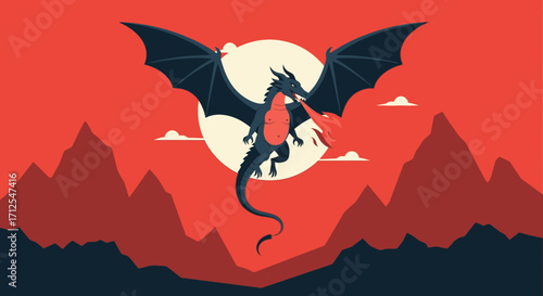 Dragon Soaring Above Mountains at Sunset, Breathing Fire, Fantasy Illustration for Design