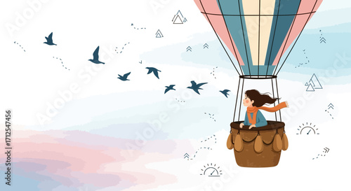 Dreamy Balloon Ride: A Child's Imagination Amidst the Soaring Birds and Picturesque Sky
