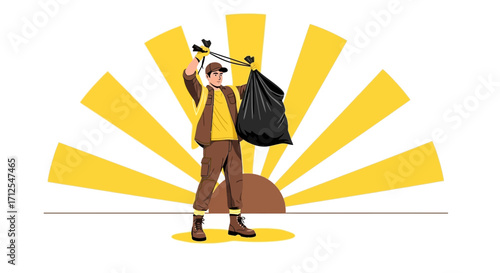 Environmental Worker Holding A Trash Bag In The Sunshine As Symbol Of Cleaning