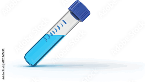 Close-up of a single test tube filled with blue liquid and capped, on a white background with subtle shadow.