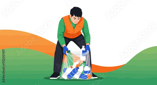 Environmental Volunteer Cleans Up Litter, Promoting Sustainable Practices And Community Action