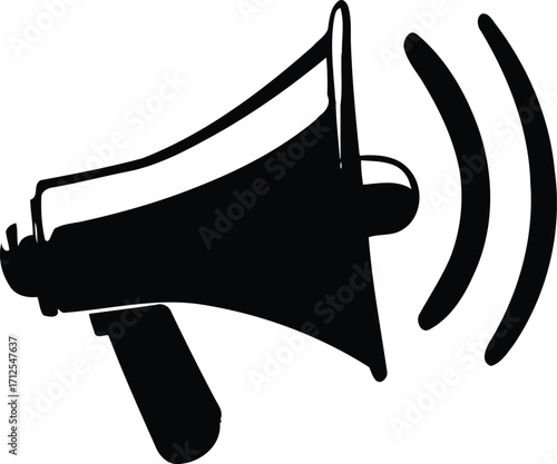 Megaphone Broadcast Symbol — Minimalist Black and White Illustration Featuring Stylized Loudspeaker with Radiating Sound Waves Representing Communication, Announcement, and Public Voice Themes