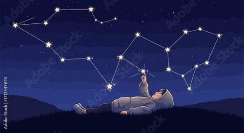 Dreamy Night: A Person Gazing At Star Constellations in A Serene Sky