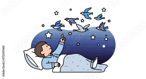 Dreamy Nighttime Scene Depicting A Boy Gazing Towards Stars And Flying Birds