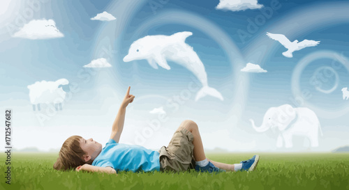 Dreamy Scene of a Boy Gazing at Fantastical Cloud Creatures on a Sunny Day