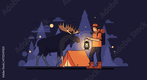 Evening Serenity: Adventurer and Majestic Moose Camping Under a Starlit Forest Canopy