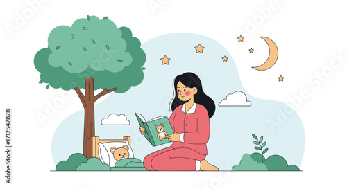 Evening Storytime With Young Bear Companion Under Starlit Sky and Crescent Moon