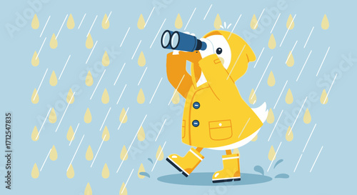 Duckling Observes With Binoculars While Sheltered From The Precipitation in Yellow Raincoat