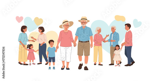 Generational Family Unity Portrayed Through Walking And Interacting with Hearts