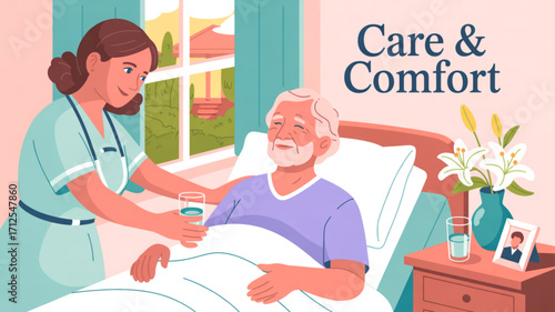 Senior care at home nurse giving water to elderly man in bed for assisted living and health support service