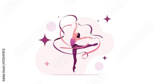 Dynamic Ballet Pose with Ribbon and Geometric Illustrations in a Minimalist Style
