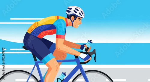 Dynamic Cyclist Powerfully Pushing Pedals Through a Vibrant Blue Sky on Road
