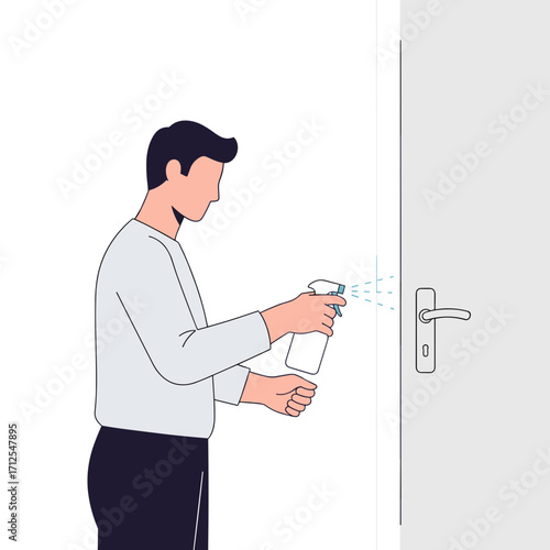Man cleaning door handle with spray bottle in modern interior  