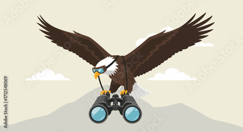 Eagle With Binoculars Soaring Through The Sky With Aerial Views And Panoramic Prospects