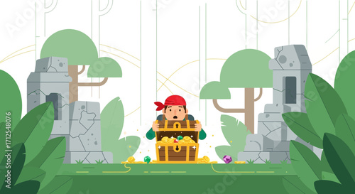 Excited Pirate Discovering Golden Treasures Inside A Wooden Chest In The Jungle Scene