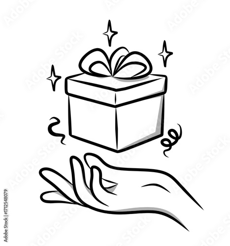 Cartoon gift box with ribbon illustration in sketch style with human hand giving present for celebration holiday donation charity surprise and modern graphic resource