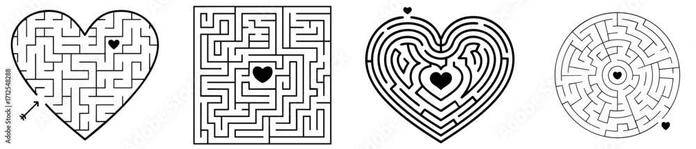 Obraz premium Set of romantic maze puzzle templates with hearts — arrow heart labyrinth, square maze with center heart, concentric heart shaped maze, and circular love labyrinth for Valentine’s Day cards