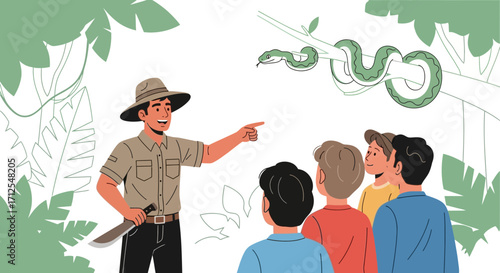 Expert Guide Leads Group On A Jungle Excursion, Spotting A Large Green Snake