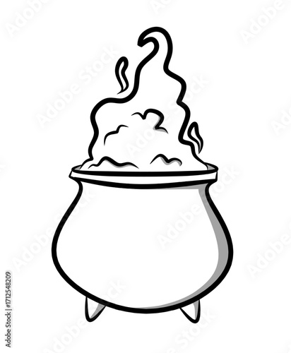 Magic smoke pot illustration in flat cartoon style with traditional jar and rising white mystical smoke design for fantasy culture ritual halloween decoration mysterious oriental element