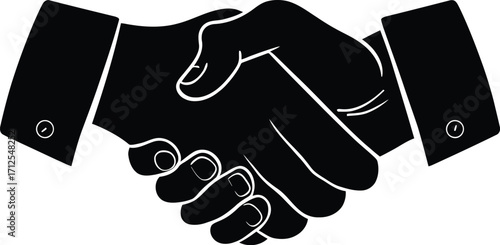 Handshake Agreement Symbol — Minimalist Black and White Illustration Featuring Two Hands in Formal Cuffs Engaged in a Stylized Shake Representing Partnership, Cooperation, Diplomacy, and Mutual Unders