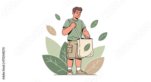 Eco-Conscious Individual Carries Sustainable Shopping Bag Amidst Natural Foliage