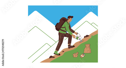 Eco-Conscious Hiker Clearing Trash On Hiking Trail To Demonstrate Environmental Stewardship