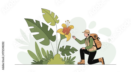 Explorer Admiring A Flower, Discovery Of Nature In Lush Tropical Environment