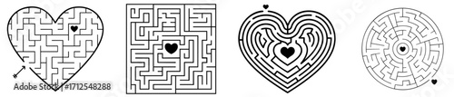 Set of romantic maze puzzle templates with hearts — arrow heart labyrinth, square maze with center heart, concentric heart shaped maze, and circular love labyrinth for Valentine’s Day cards