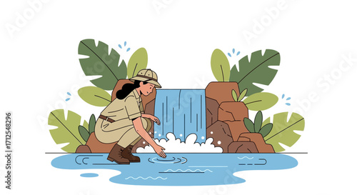 Explorer Admiring Waterfall: A Vector Illustration Focused On Nature And Discovery