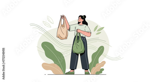 Eco-conscious Shopper Holding Recycled Bags, Promoting Sustainability, And Eco-Friendly Practices