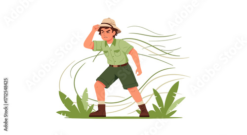 Explorer Bravely Facing Strong Winds in a Beautiful Natural Landscape Illustration