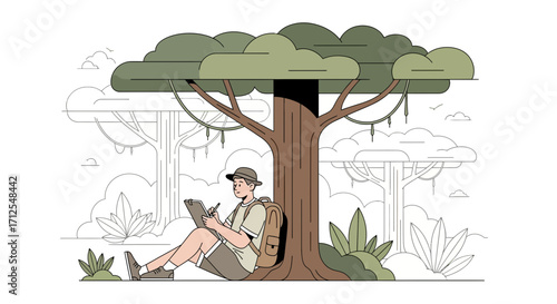 Explorer Capturing Forest Scenery Under Tree Studying, Illustration And Drawing Artwork Concept