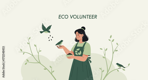 Eco-Conscious Volunteer Nurturing Nature, Feeding Birds, Promoting Environmental Stewardship