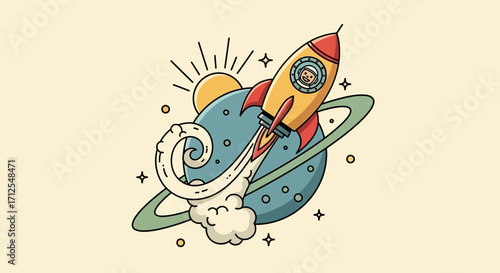 Rocket Launching from Planet with Sun and Vapor Trail Illustration.