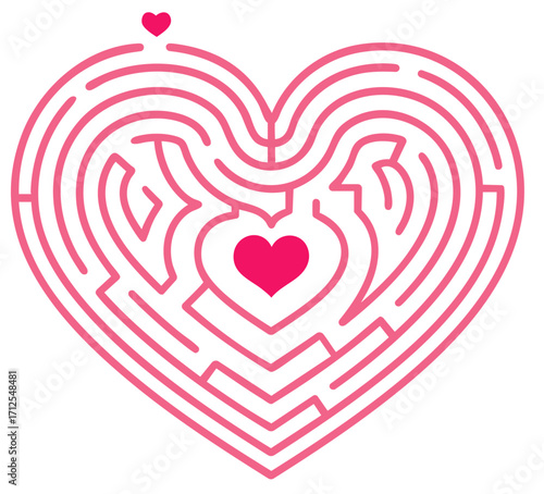 Romantic heart shaped maze puzzle with center love symbol