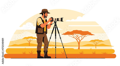 Explorer Capturing Landscape, Photographer Using Professional Gear in African Savanna
