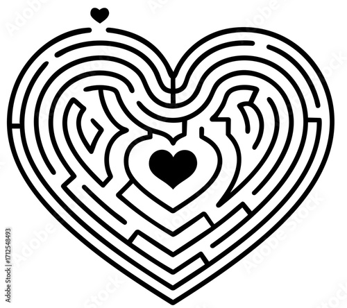 Heart shaped maze with path to love and heart in the center, romantic puzzle template