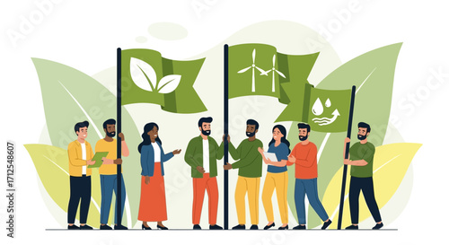 Eco-Friendly Activists Promote Sustainability And Environmental Preservation With Flags And Ideas