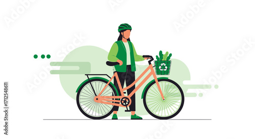 Eco-Friendly Bicyclist: Sustainable Transportation and Green Living Concept Illustration