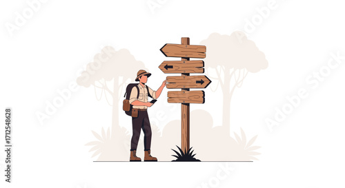 Explorer Deciding Direction at Wooden Signpost Amidst Verdant Wilderness Exploration Scene