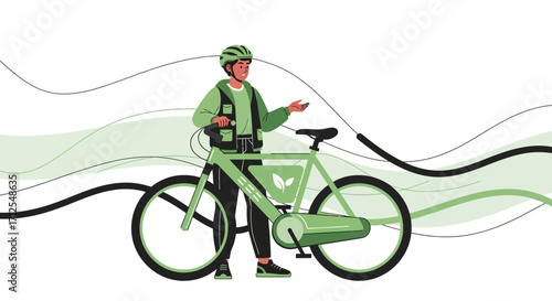 Eco-Friendly Rider Next To Electric Bicycle, Modern Transportation Illustration Concept