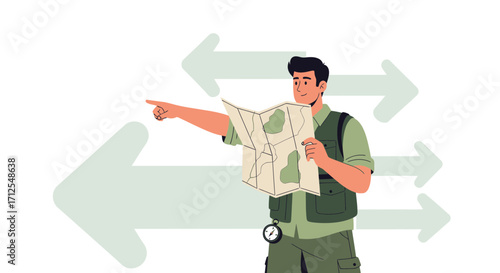 Explorer Deciding Directions, Showing Choice Navigating With Map And Directional Arrows