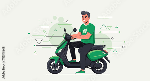 Eco-Friendly Transport Illustration Featuring A Person Riding An Electric Scooter On The Road