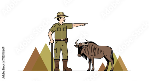 Explorer Directing Wildebeest Near Mountains In A Minimalist Illustration