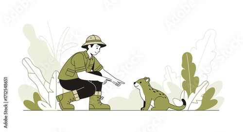 Explorer Directs Cat-Like Animal in Green Foliage Environment with Clear Design