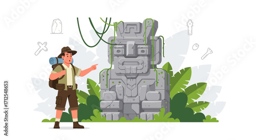 Explorer Discovering An Ancient Statue In A Lush Jungle Environment Illustration