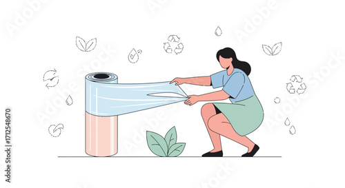 Eco-Friendly Woman Unwraps Recycled Material for Sustainable Practices and Waste Reduction