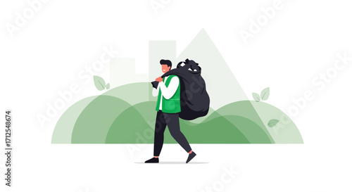 Eco-Friendly Worker Carrying Trash Bag Depicting Volunteering Efforts and Environmental Support