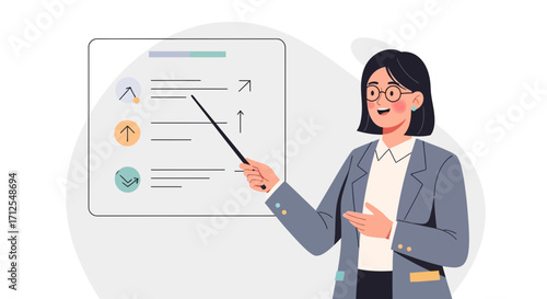 Educated Woman Presenting Information Using A Pointer Demonstrating Growth And Progres