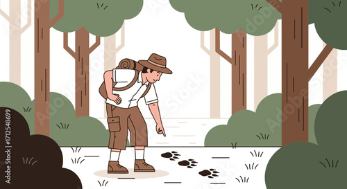 Explorer Discovering Animal Footprints in the Forest Environment Trail Adventure